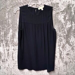 Michael Kors Navy Blue Pleated Blouse Sleeveless Round Neck Top Women's Medium